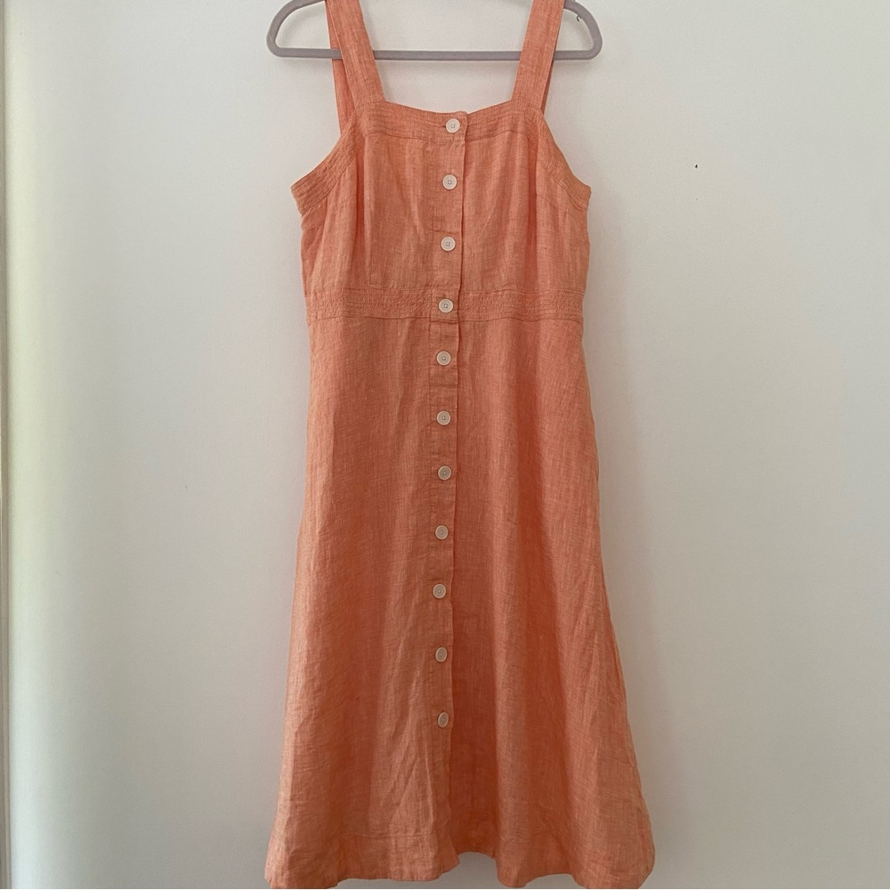 Talbots Linen Fit And Flare Dress Size 10 Button Front Pockets Peach Classic